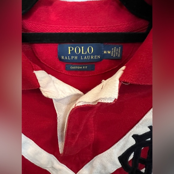 POLO By Ralph Lauren Red Rugby Shirt #7 with White Chevrons - Picture 3 of 5